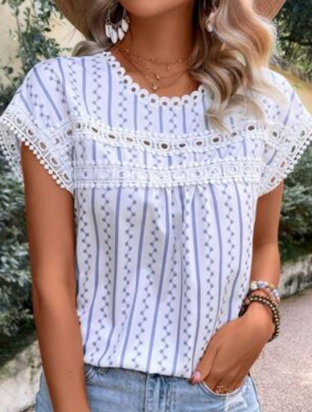 White Eyelet Trim Striped Blouse